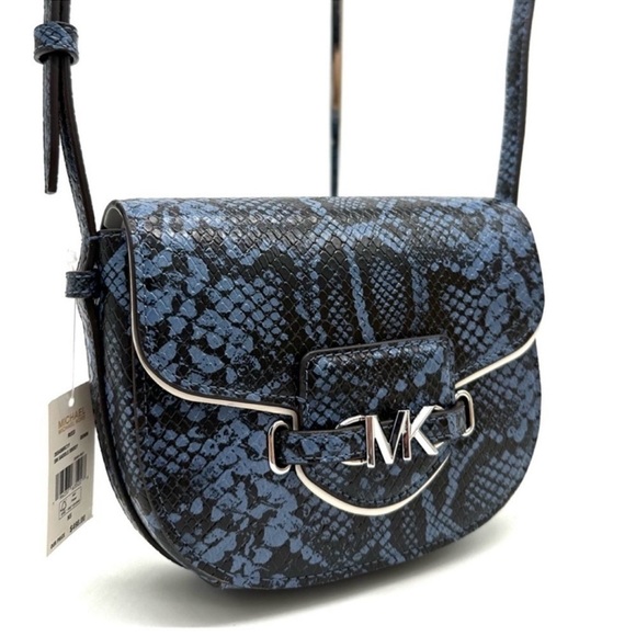Michael Kors Small Reed Leather Saddle Crossbody Bag Snakeskin Denim - Picture 2 of 11